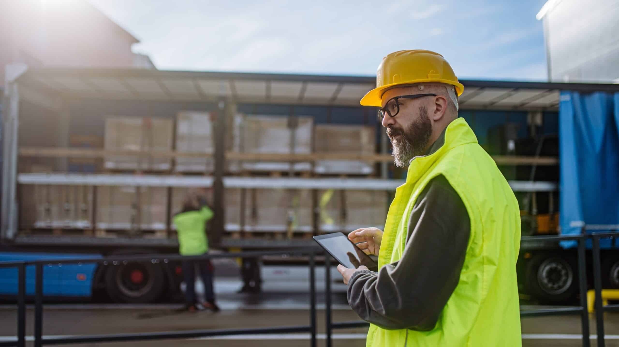 Warehouse,Manager,Overseeing,Unloading,Of,Truck,,Holding,Tablet,,Looking,At
