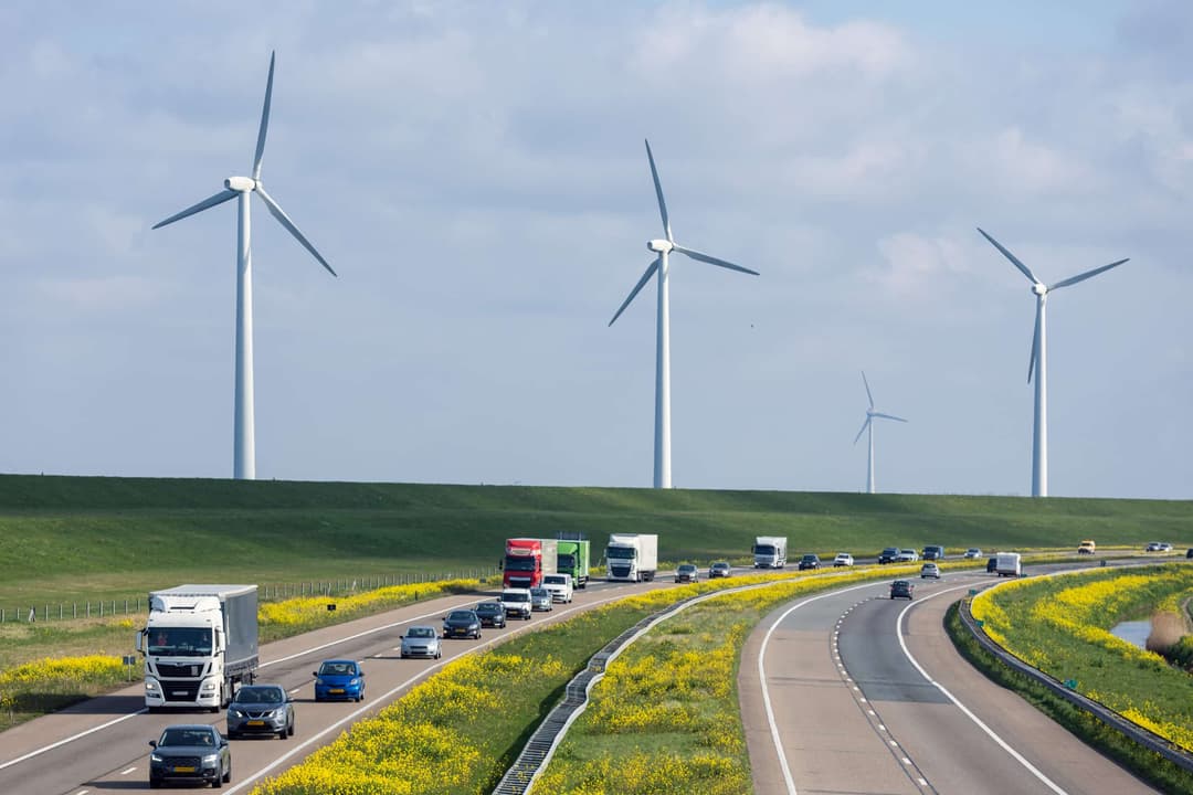 Dutch,Motorway,A6,Near,Lelystad,With,Wind,Turbines,And,Blooming