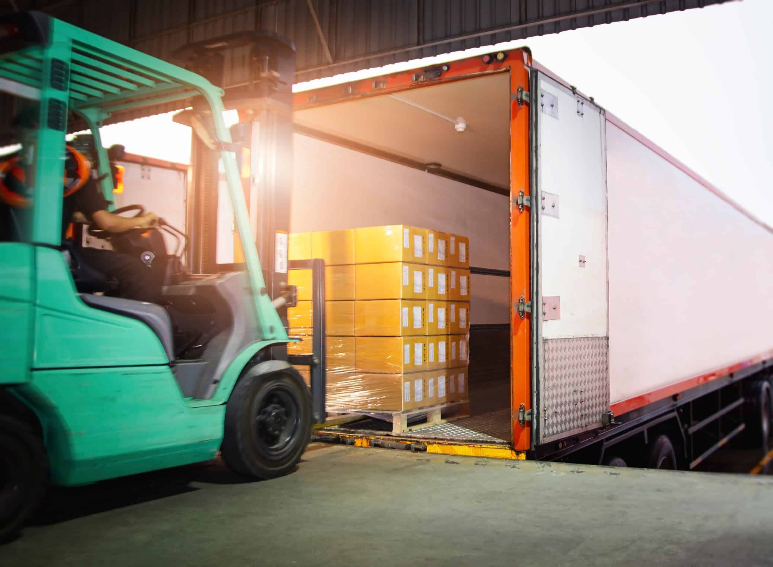Forklift,Tractor,Loading,Package,Boxes,On,Pallet,Into,Cargo,Container.