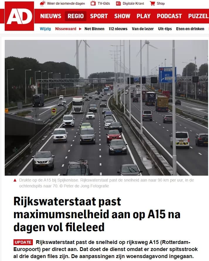 Krantenartikel AD over aanpassing maximumsnelheid op de A15