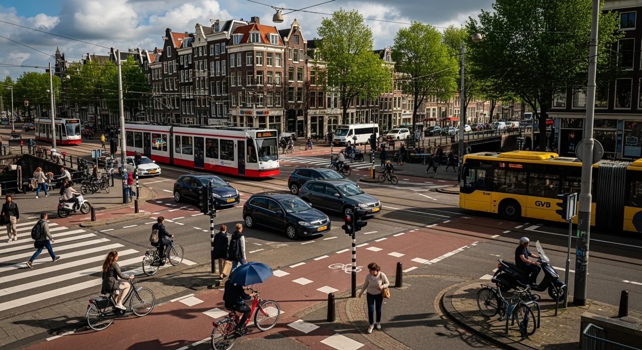 Photo,Of,An,Intersection,In,The,Netherlands,With,Pedestrians,,Cars,